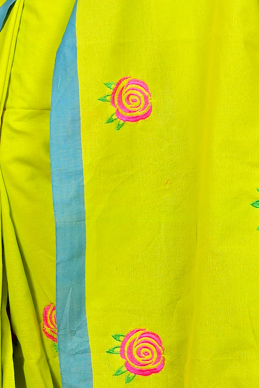 Lime Green Pure Cotton Parag Embroidery Handloom saree (211)